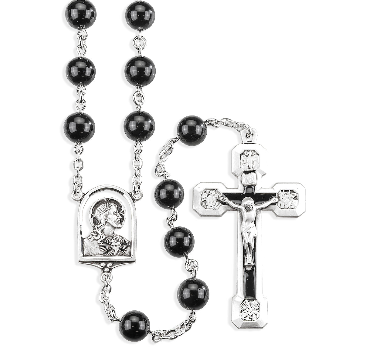 Genuine Black Obsidian 8mm Beaded All Sterling Silver Rosary W/ Four Evangelist Crucifix & SHJ Centerpiece-(SB37/S176)-Bxd