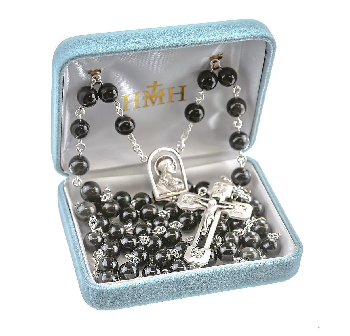 Genuine Black Obsidian 8mm Beaded All Sterling Silver Rosary W/ Four Evangelist Crucifix & SHJ Centerpiece-(SB37/S176)-Bxd
