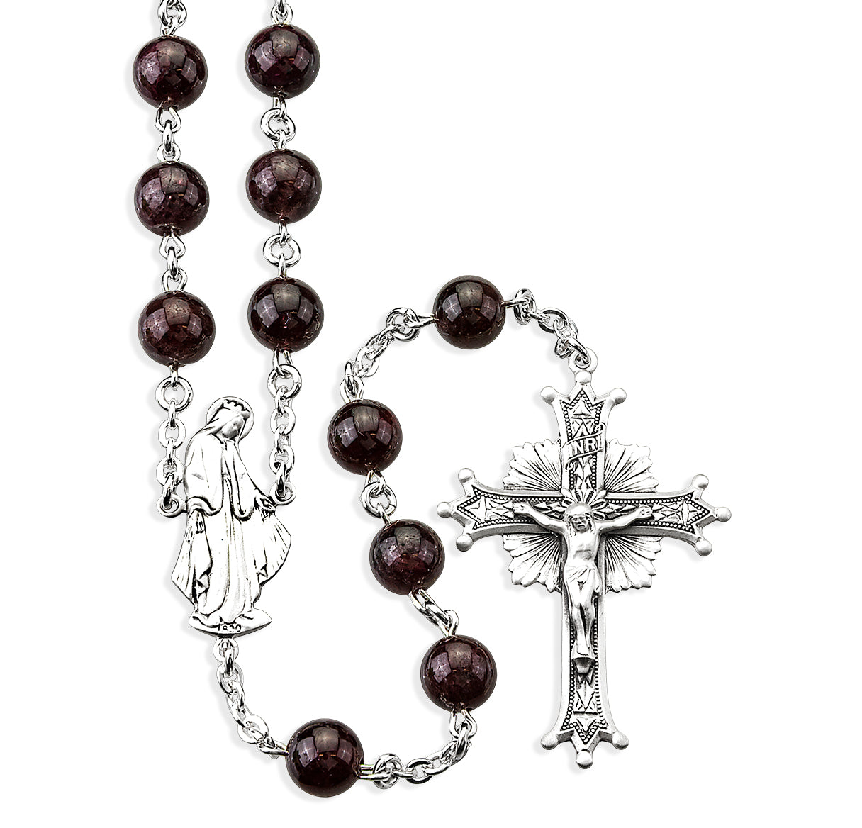 8mm All Sterling Silver Genuine Garnet Gemstone Rosary W/ Sterling Silver Center & Crucifix-Bxd 30/171