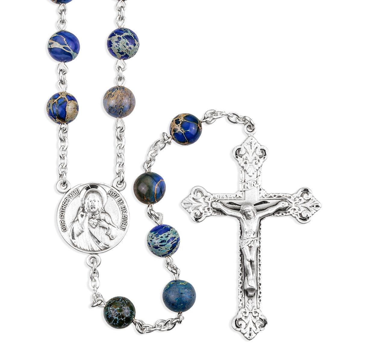 8mm Sterling Silver Genuine Imperial Jade Blue Bead Rosary-(S19/S105)-Bxd