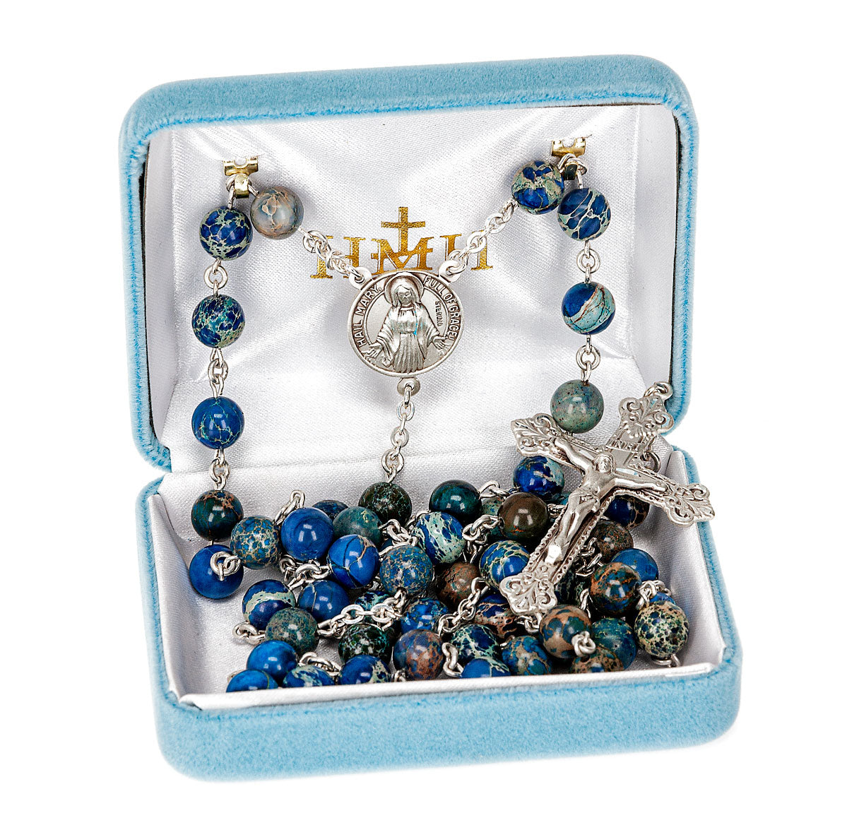 8mm Sterling Silver Genuine Imperial Jade Blue Bead Rosary-(S19/S105)-Bxd