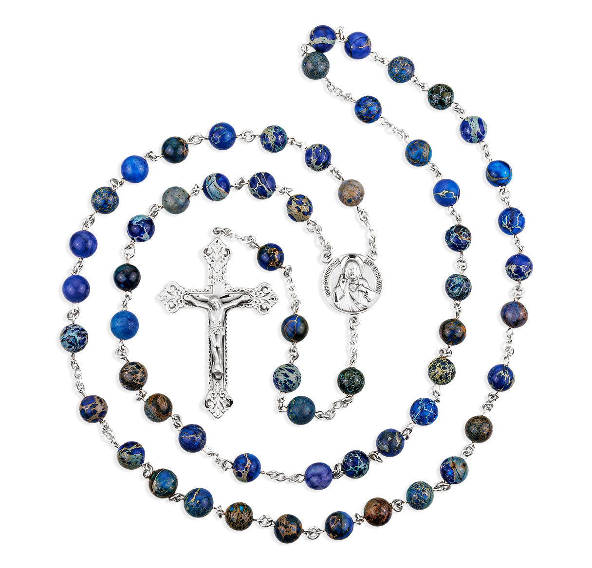 8mm Sterling Silver Genuine Imperial Jade Blue Bead Rosary-(S19/S105)-Bxd