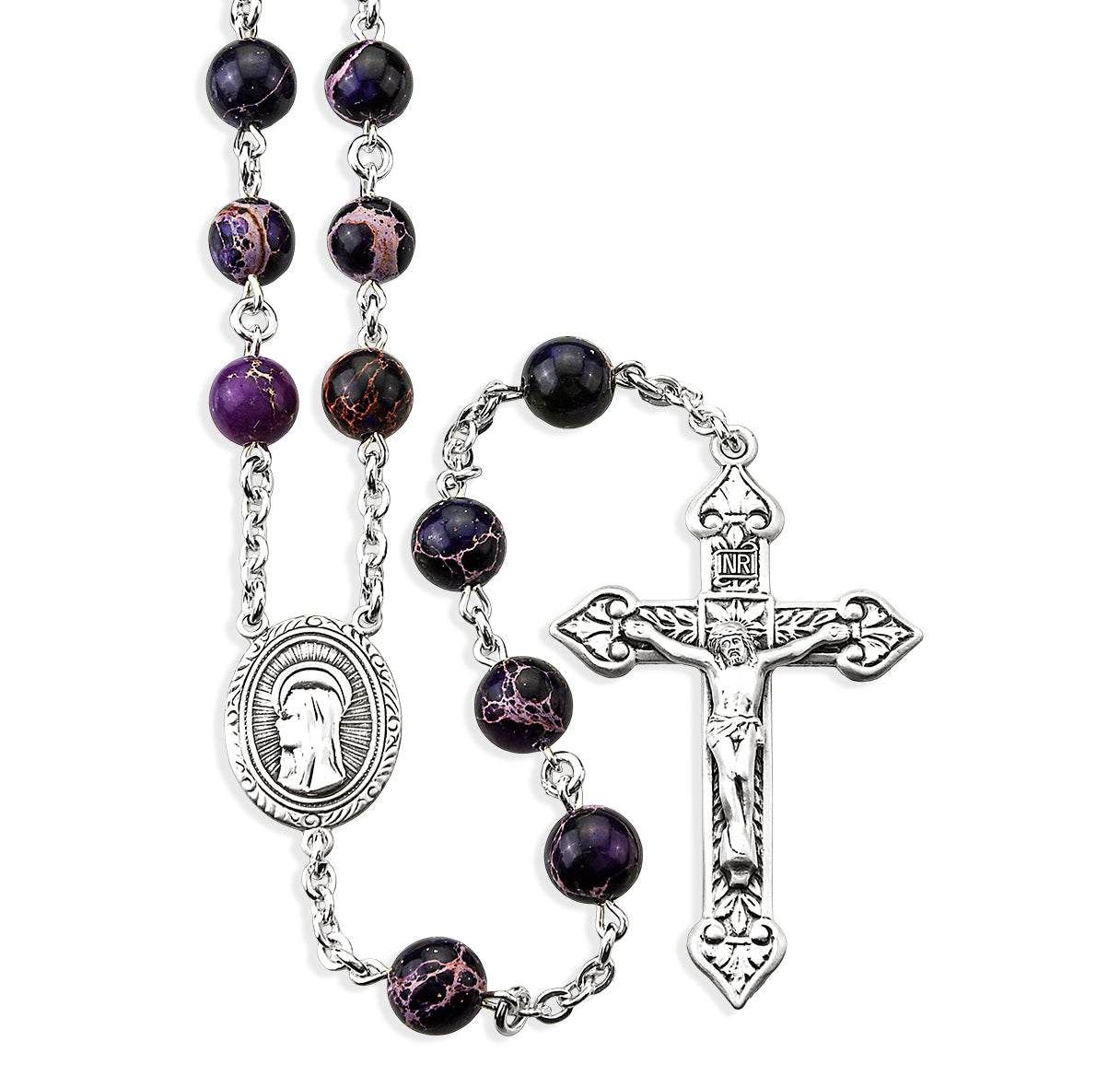 Sterling Silver Genuine Imperial Jade Rosary 8mm Purple Beads-(S368/S171)-Bxd
