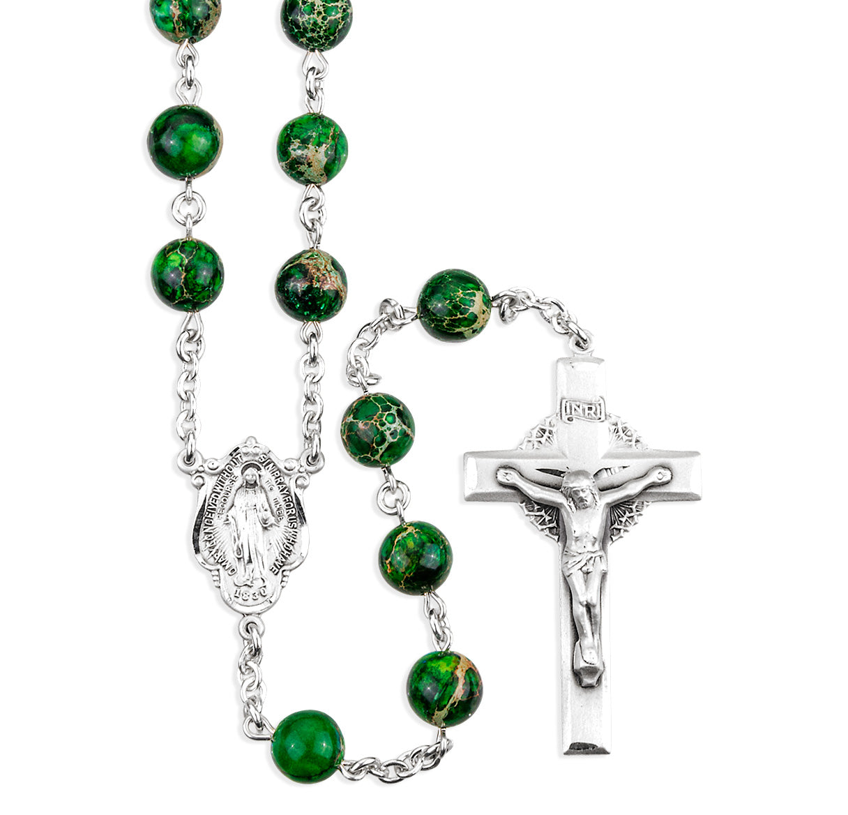 8mm Round Genuine Imperial Jasper Beads Sterling Rosary. Sterling Center & Crucifix-Bxd 96/102