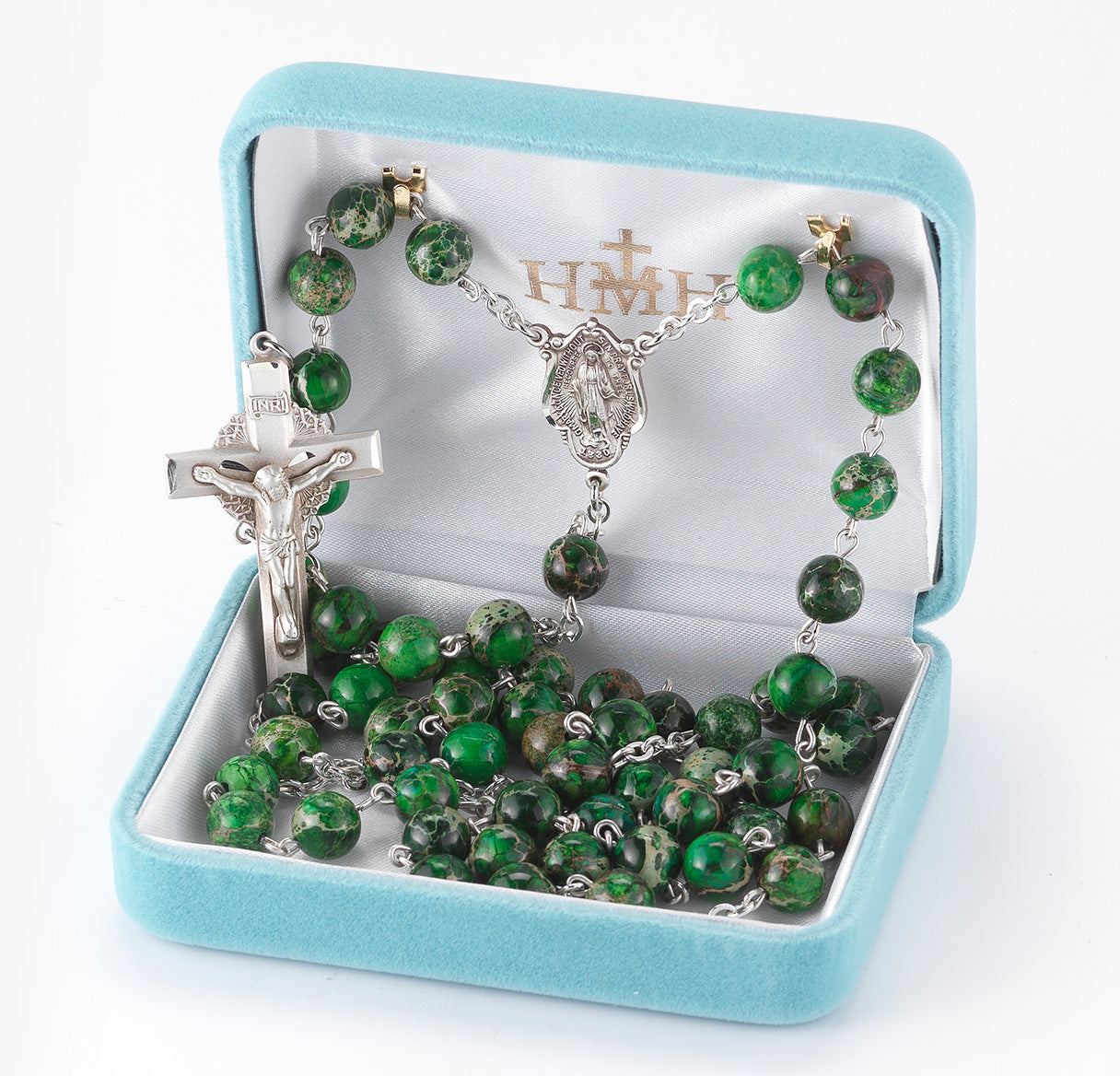 8mm Round Genuine Imperial Jasper Beads Sterling Rosary. Sterling Center & Crucifix-Bxd 96/102