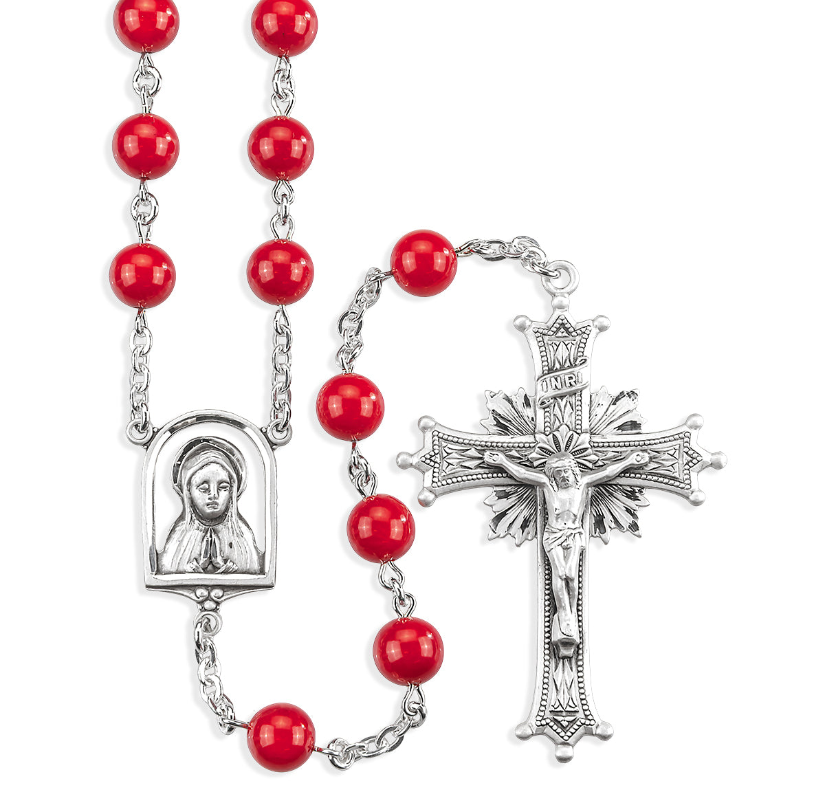 Genuine Red Coral 8mm Round Bead All Sterling Silver Rosary W/ Sunburst Crucifix & Praying Madonna Center-(SB40/S180)-Bxd