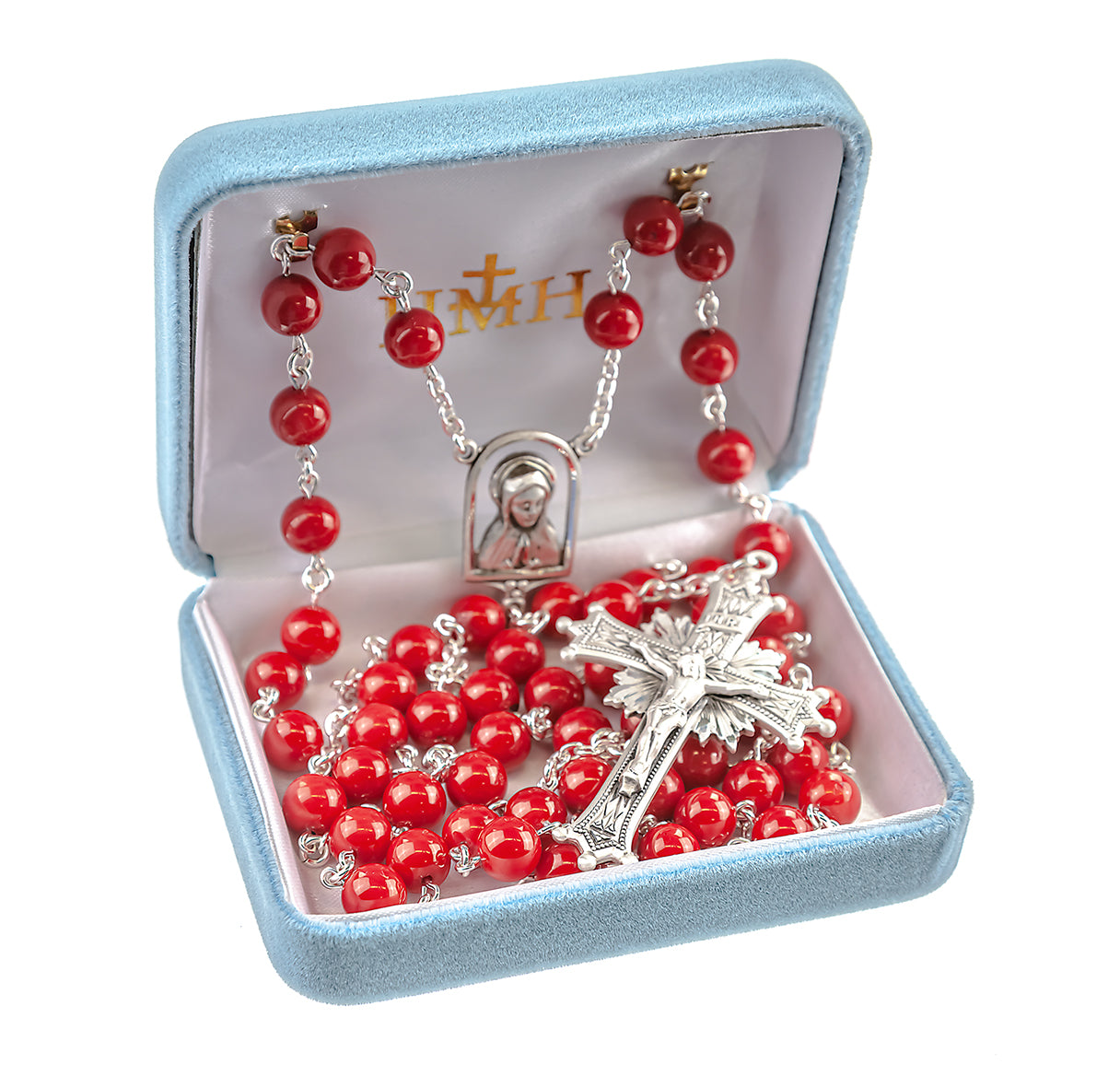 Genuine Red Coral 8mm Round Bead All Sterling Silver Rosary W/ Sunburst Crucifix & Praying Madonna Center-(SB40/S180)-Bxd