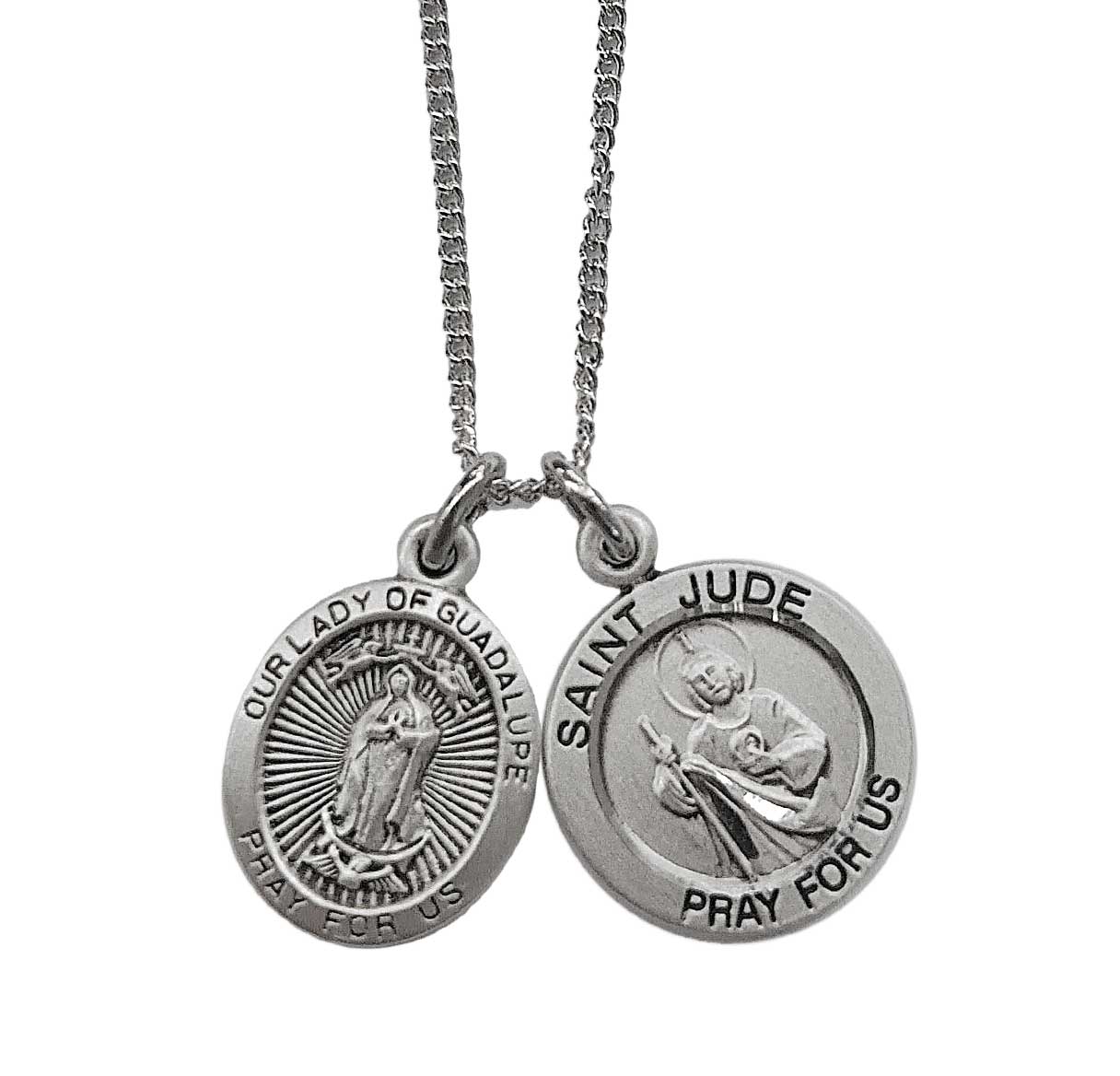 Sterling Silver Sm Round St Jude Medal W/ Oval O.L of Guadalupe Medal (Set)-18"Ch (Rhodium Plated Thin)-Bxd-(S8200/S3519)