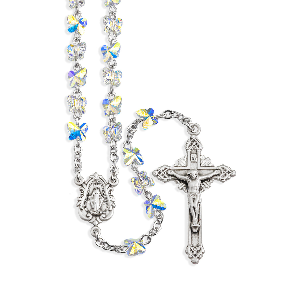 Sterling Silver Rosary Hand Made with 6mm Crystals by Swarovski® Austrian Crystal 6mm Aurora Borealis Butterfly Beads by HMH