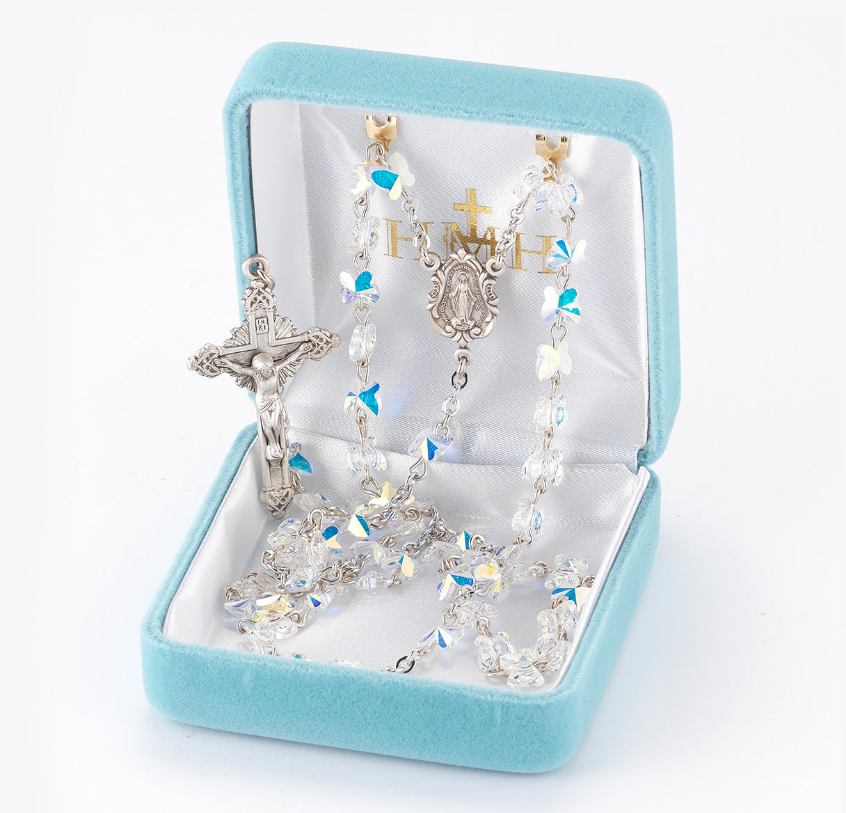 Sterling Silver Rosary Hand Made with 6mm Crystals by Swarovski® Austrian Crystal 6mm Aurora Borealis Butterfly Beads by HMH