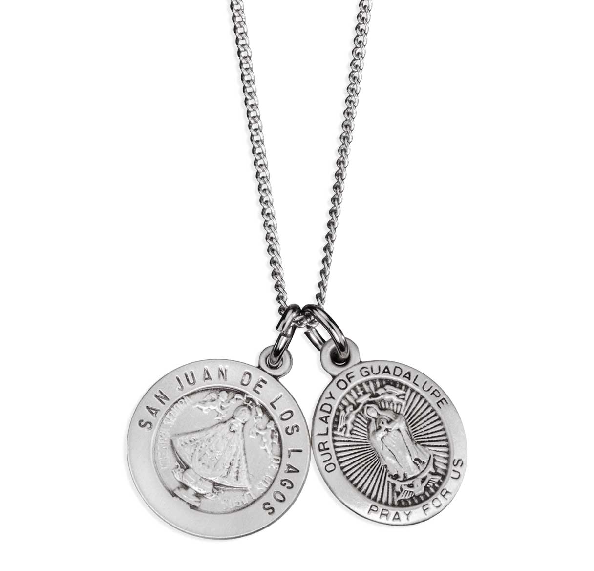 Sterling Silver Small Round San Juan De Los Lagos Medal W/ Oval O.L of Guadalupe Medal (Set)-18"Ch (Rhodium Plated Thin)-Bxd-(S8377/S3519)