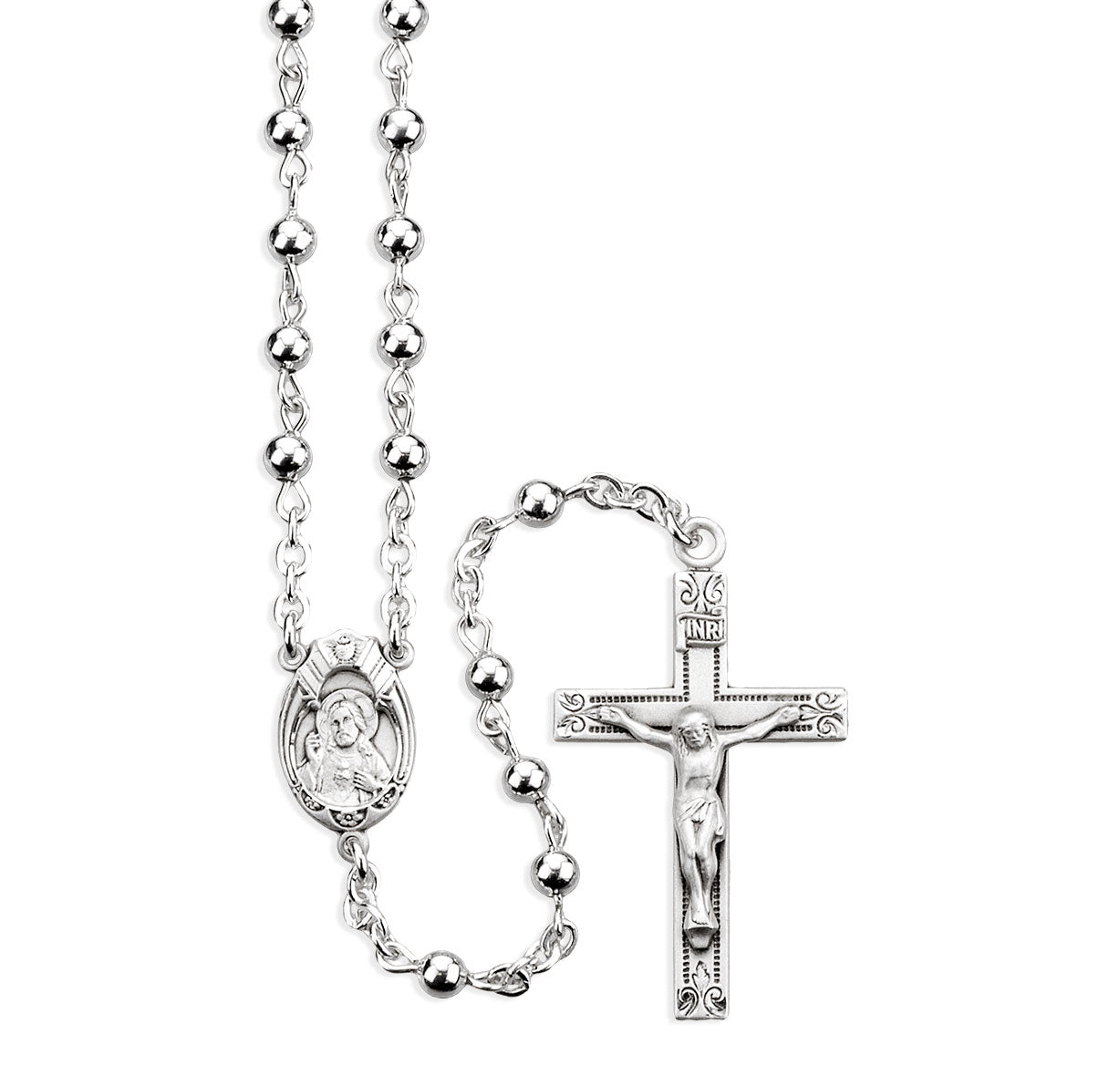 High Polished 4MM Sterling Silver Round Beads made with center and crucifix  39/3863- Bxd