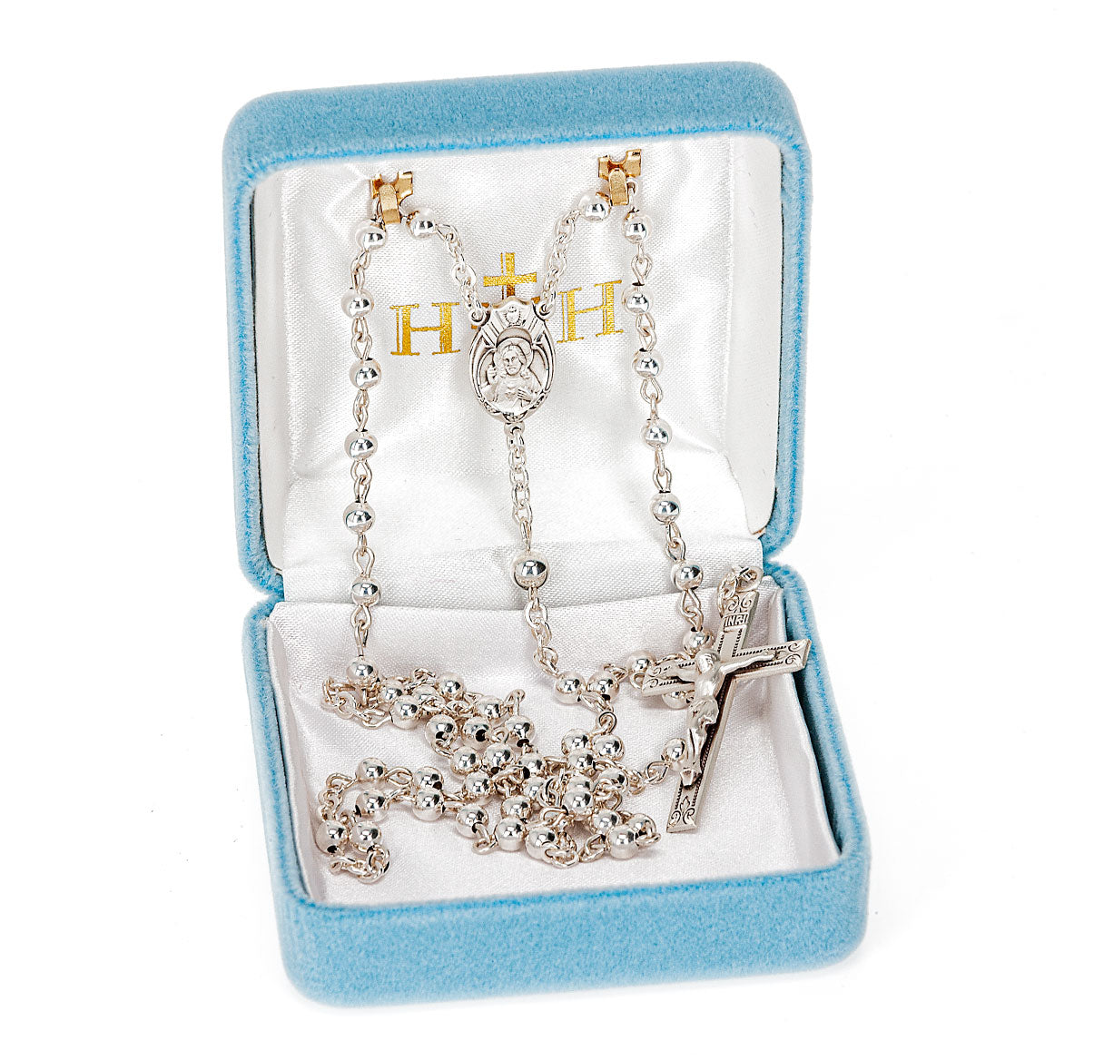High Polished 4MM Sterling Silver Round Beads made with center and crucifix  39/3863- Bxd