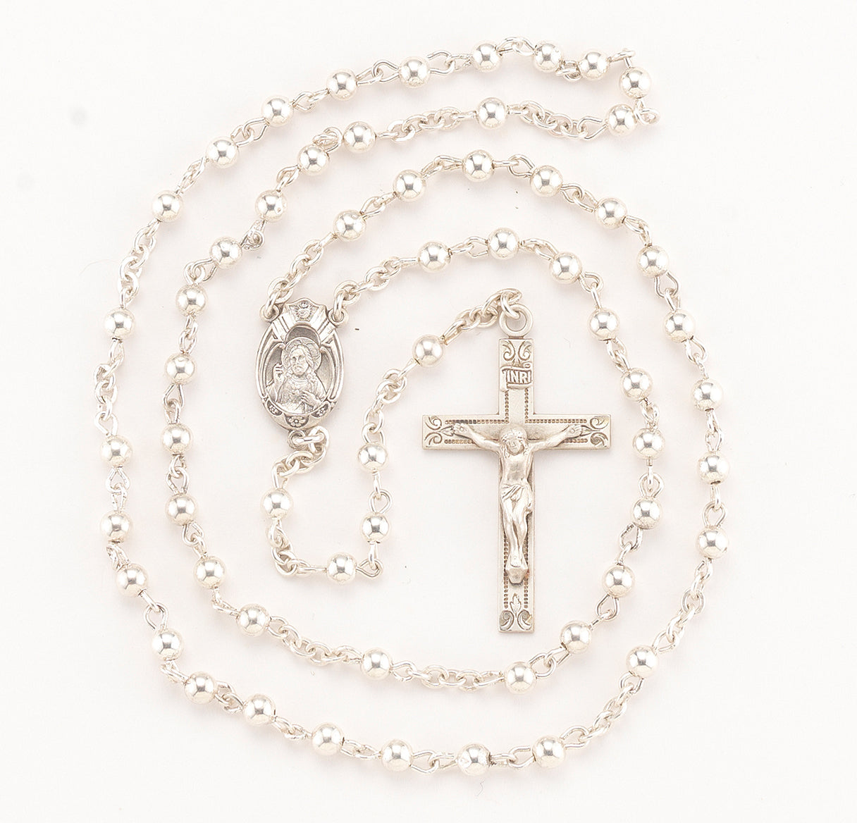 High Polished 4MM Sterling Silver Round Beads made with center and crucifix  39/3863- Bxd