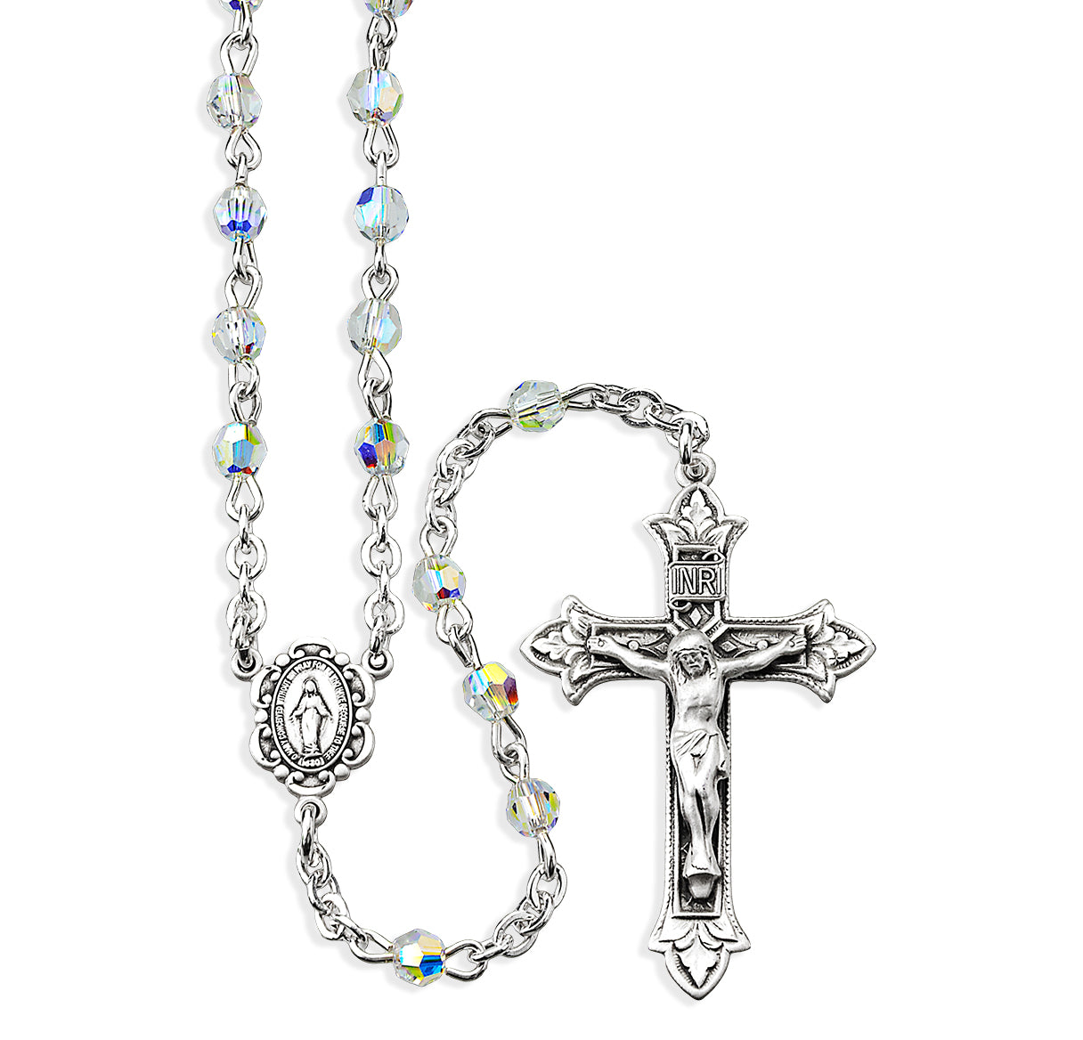 Sterling Silver Rosary Hand Made with Crystals by Swarovski® Austrian Crystal 4mm Aurora Borealis Faceted Beads by HMH