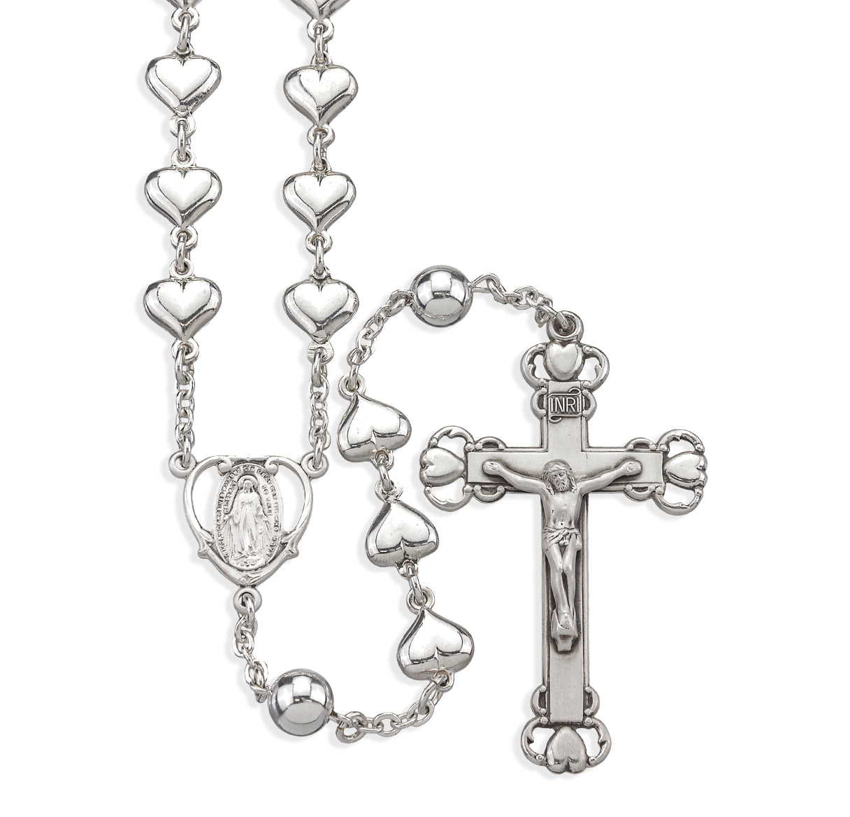 Sterling Silver Solid Heart Shape Rosary with 8mm Round Sterling Silver Bead Rosary-Bxd 210/196