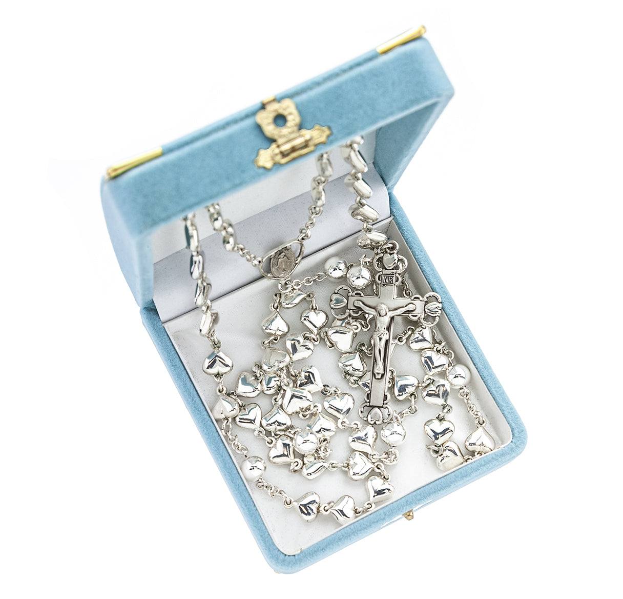 Sterling Silver Solid Heart Shape Rosary with 8mm Round Sterling Silver Bead Rosary-Bxd 210/196