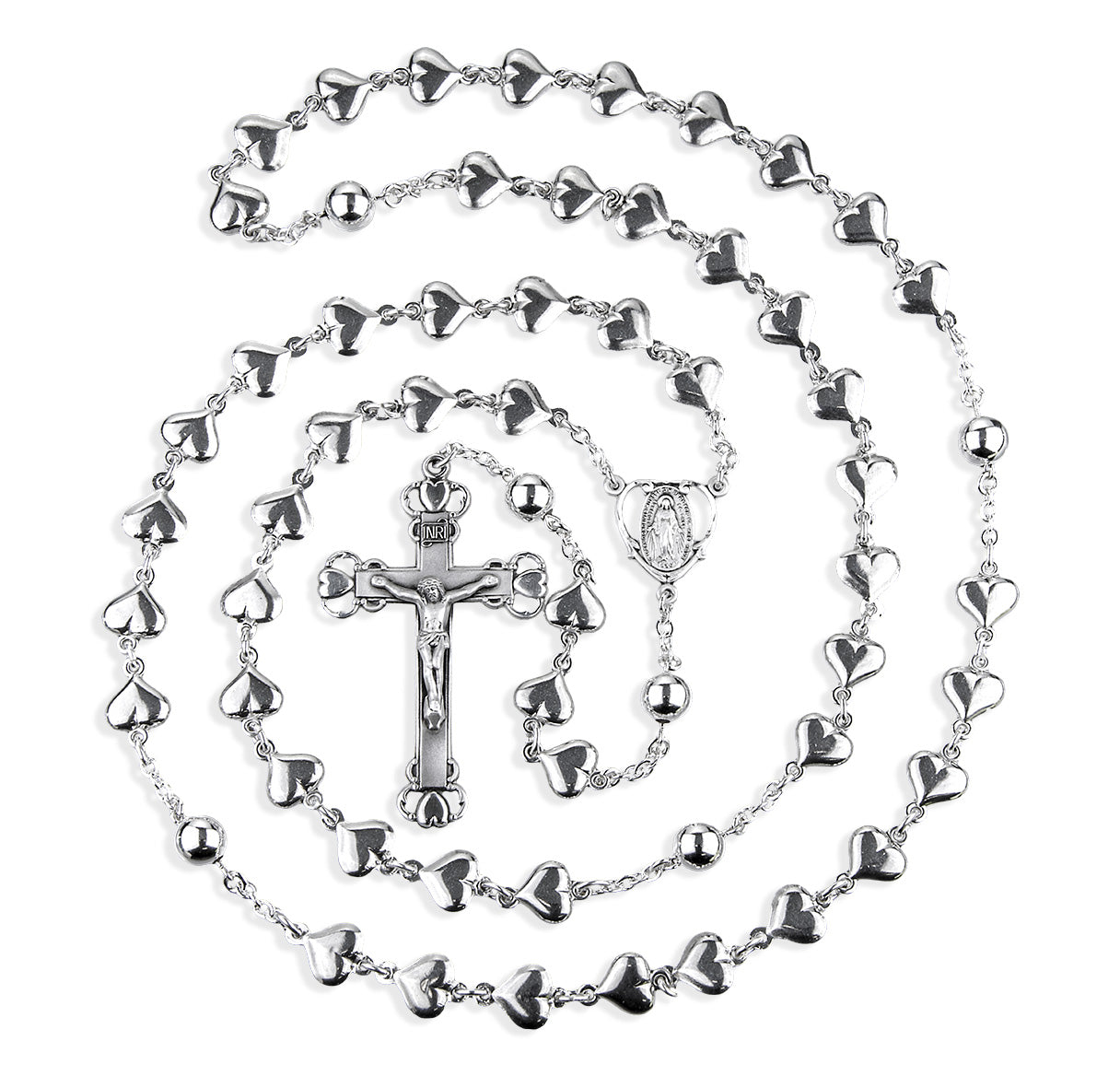 Sterling Silver Solid Heart Shape Rosary with 8mm Round Sterling Silver Bead Rosary-Bxd 210/196