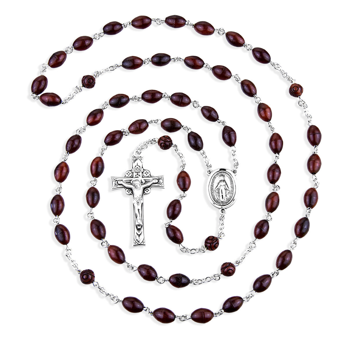 Maroon Oval Cocoa Bead Sterling Silver Rosary Bxd 30/103