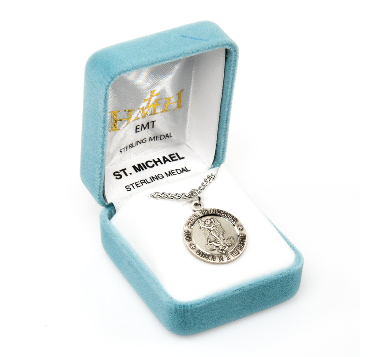 Sterling silver Round St. Michael EMT Medal-*24" Ch-Bxd