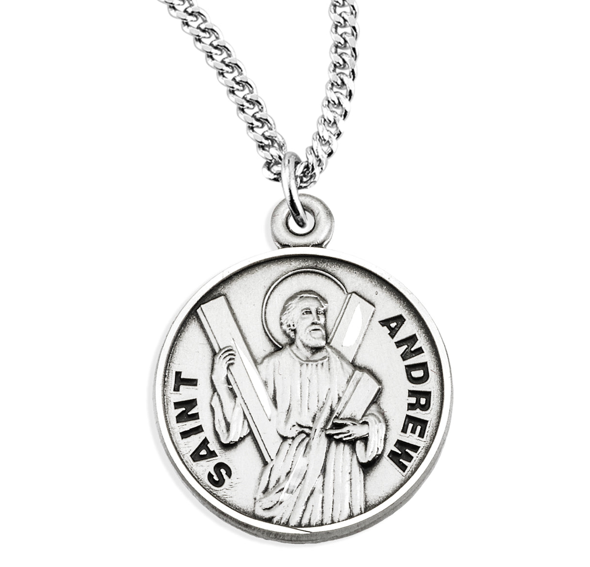 Sterling Silver Round St Andrew w/24" Ch-Bxd