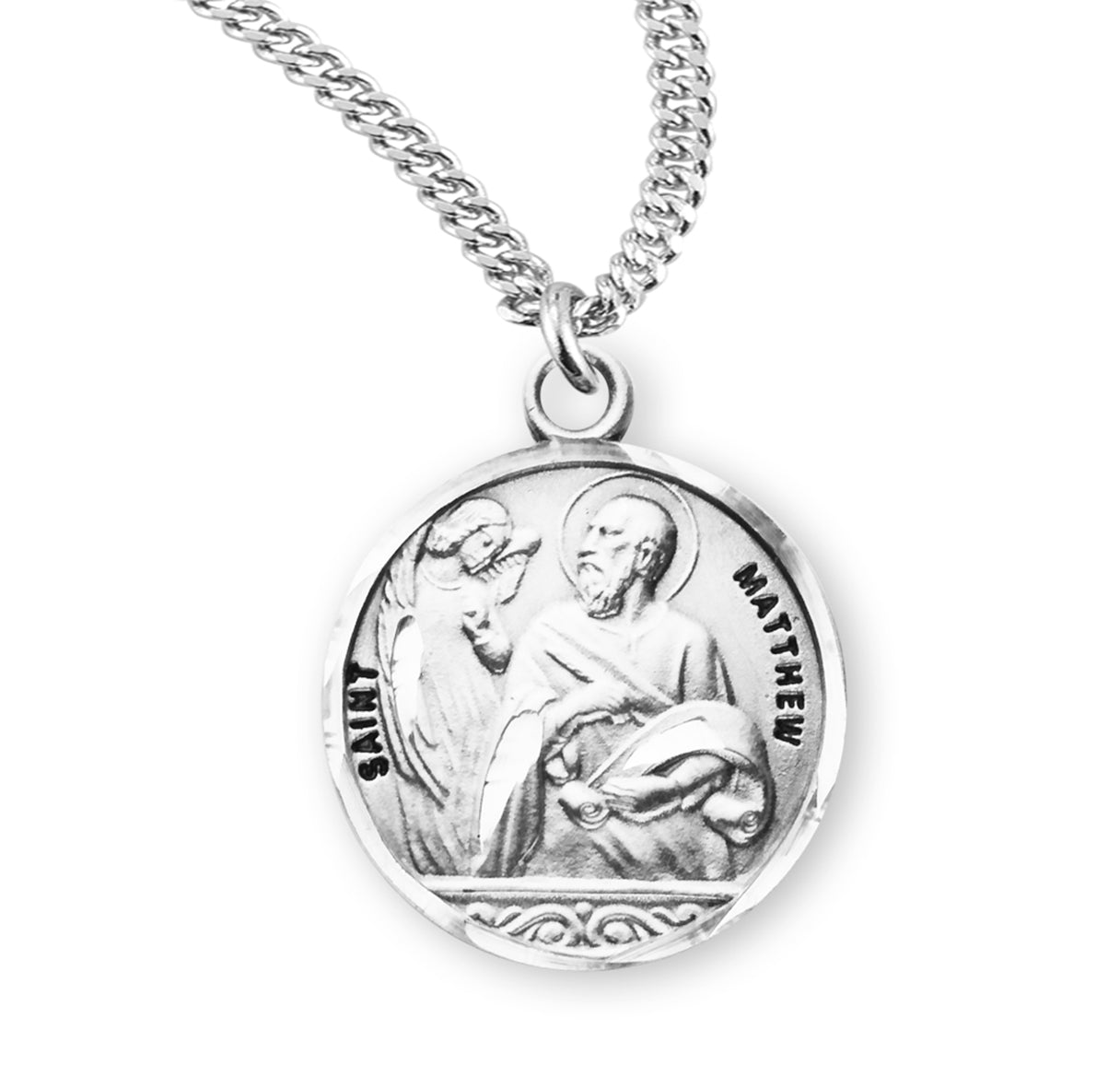 Sterling Silver Round St Matthew w/24" Ch-Bxd