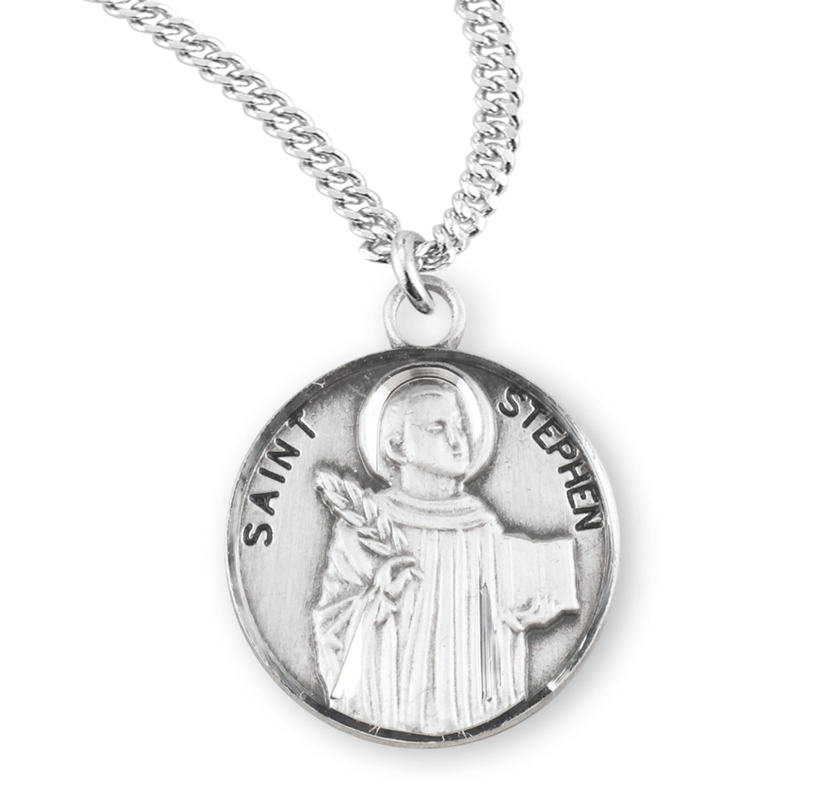 Sterling Silver Round St Stephen w/24" Ch-Bxd
