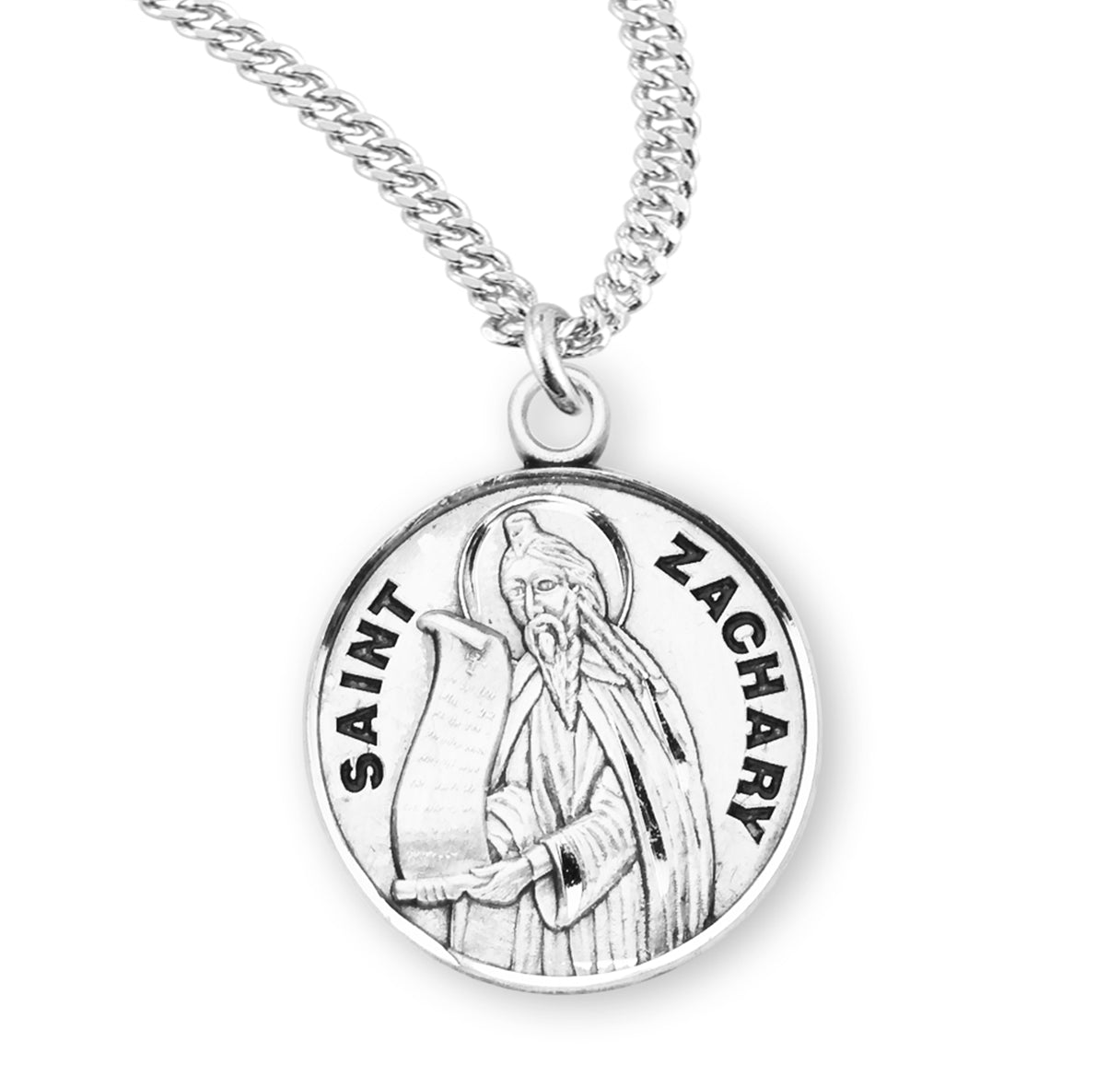 Sterling Silver Round St. Zachary w/24" Ch-Bxd