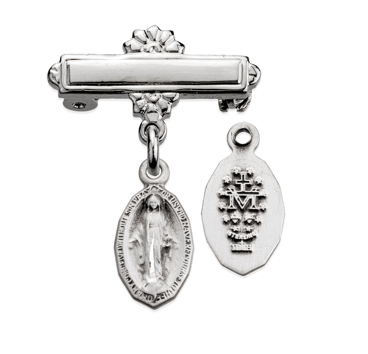 Sterling Silver Tiny Miraculous Medal w/Bar Pin-Bxd
