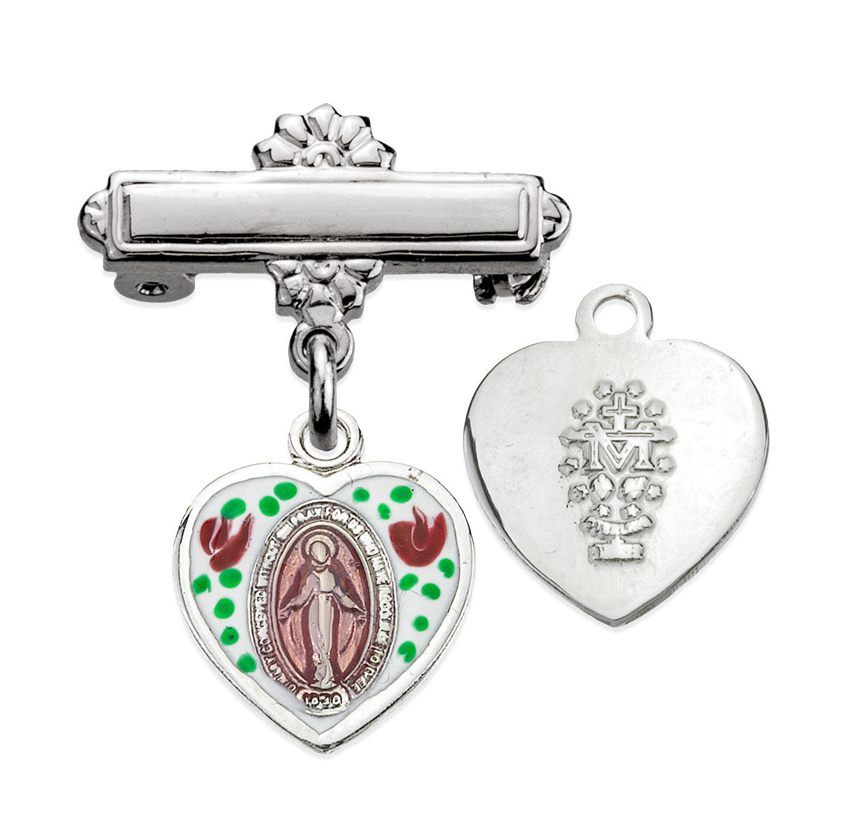 Sterling Silver Heart Shape Baby Miraculous Medal Pink on a Bar Pin
