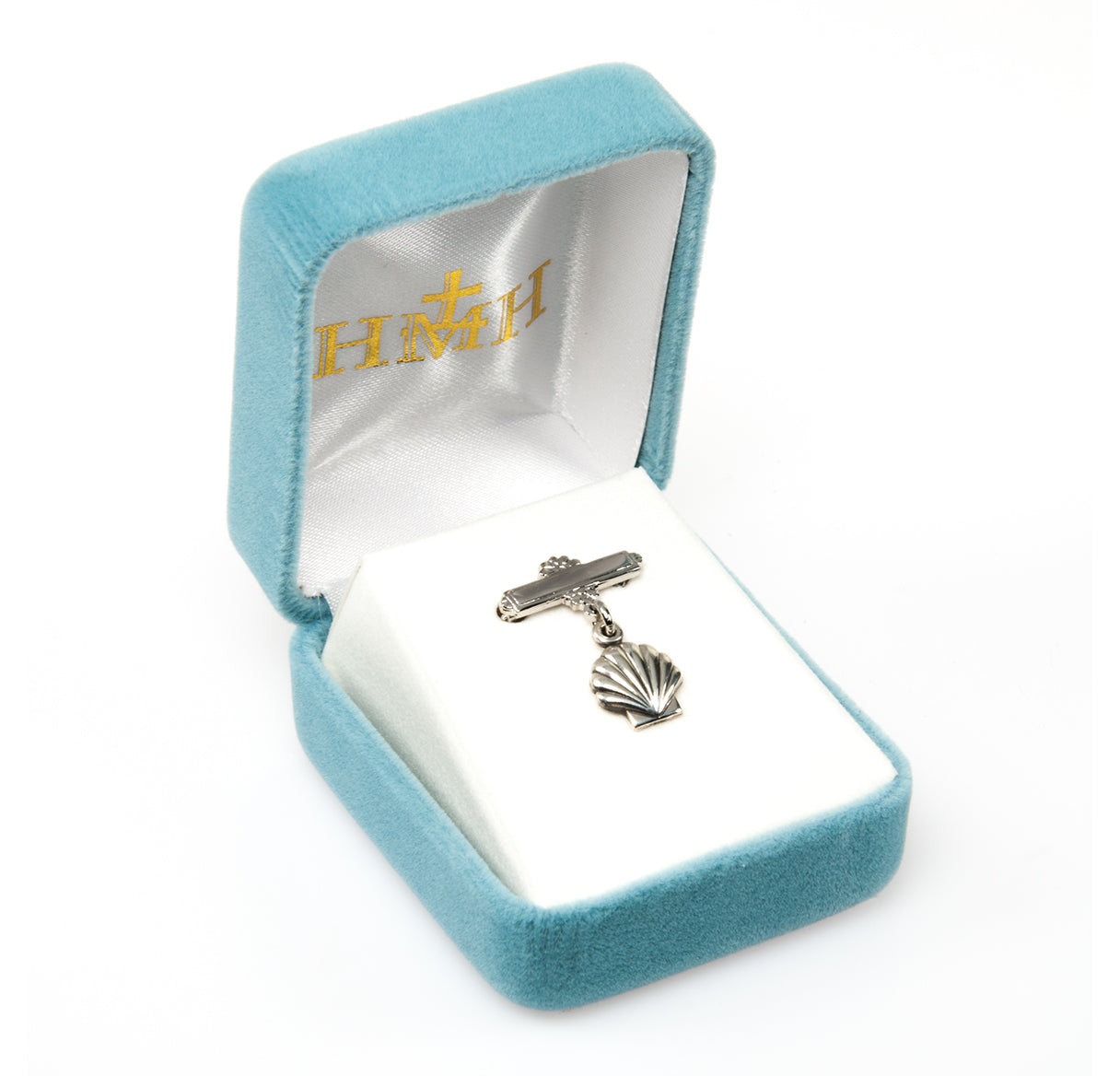 Sterling Silver Baptism Baby Medal w/Bar Pin-Bxd