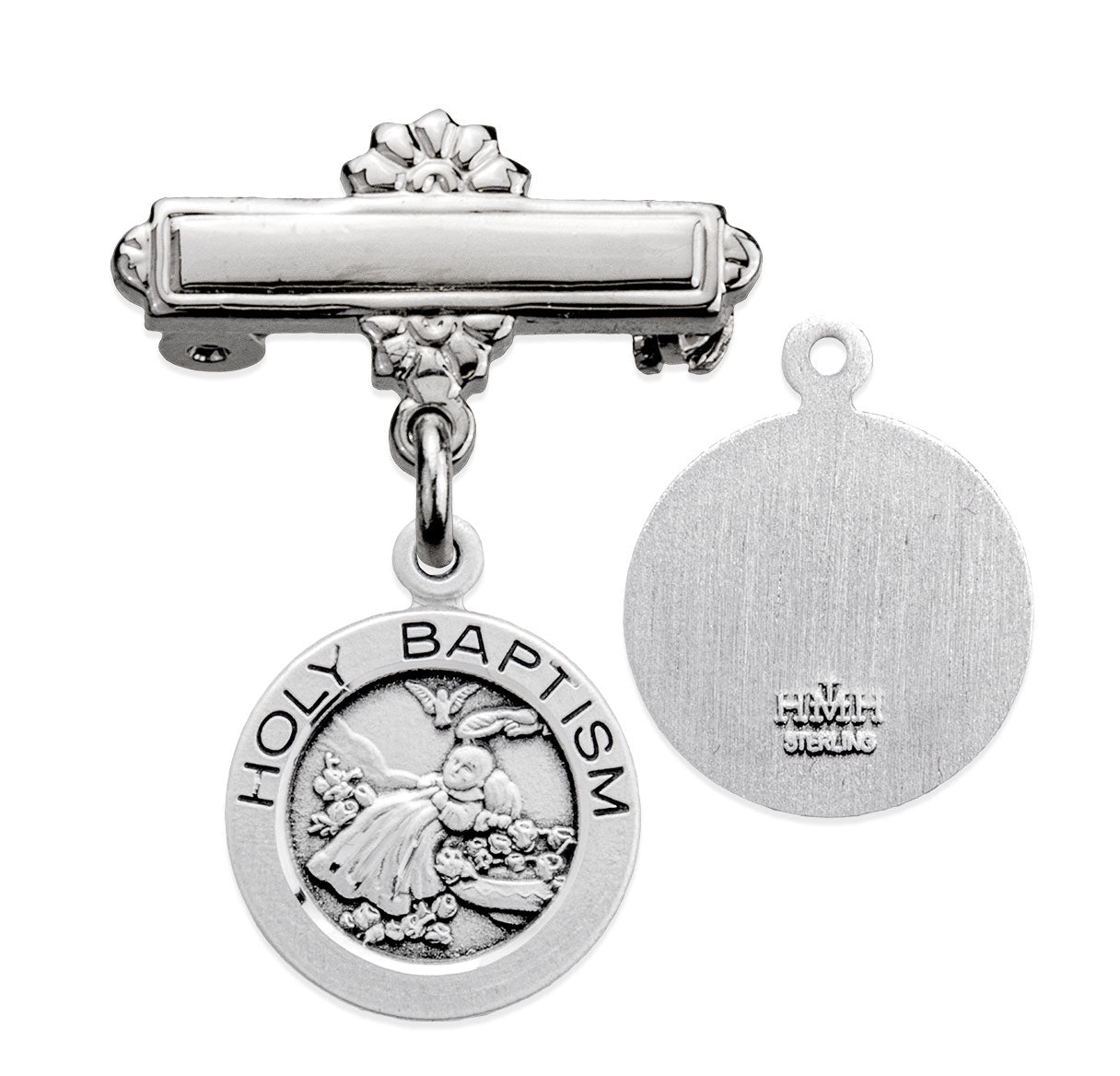 Sterling Silver Rd Holy Baptism Medal w/Bar Pin-Bxd