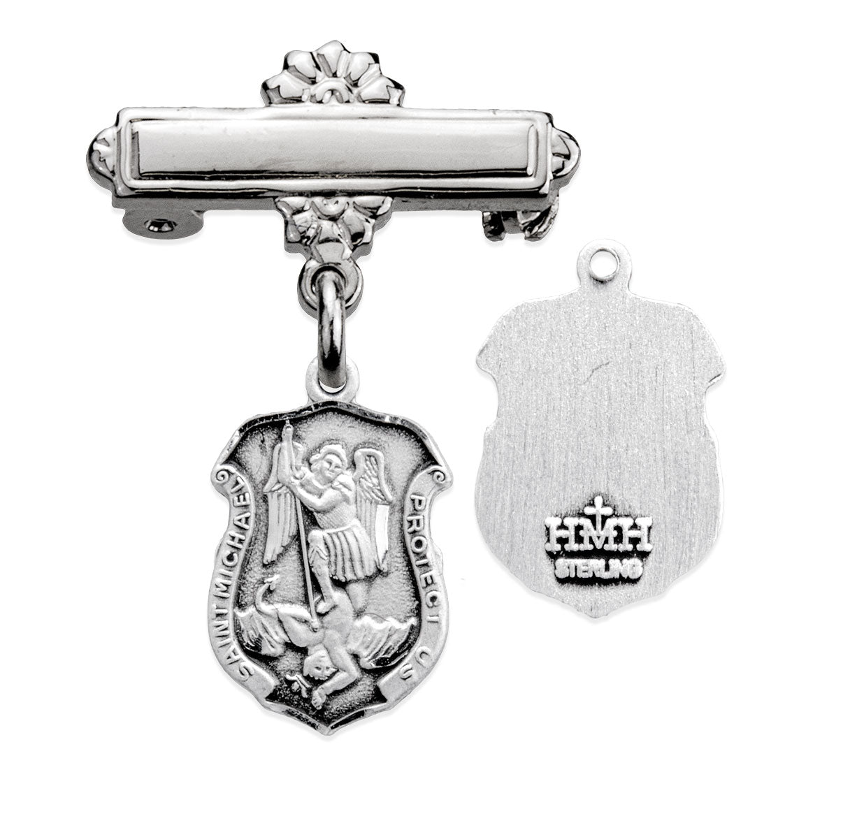 Saint Michael Sterling Silver Badge Medal on a Bar Pin