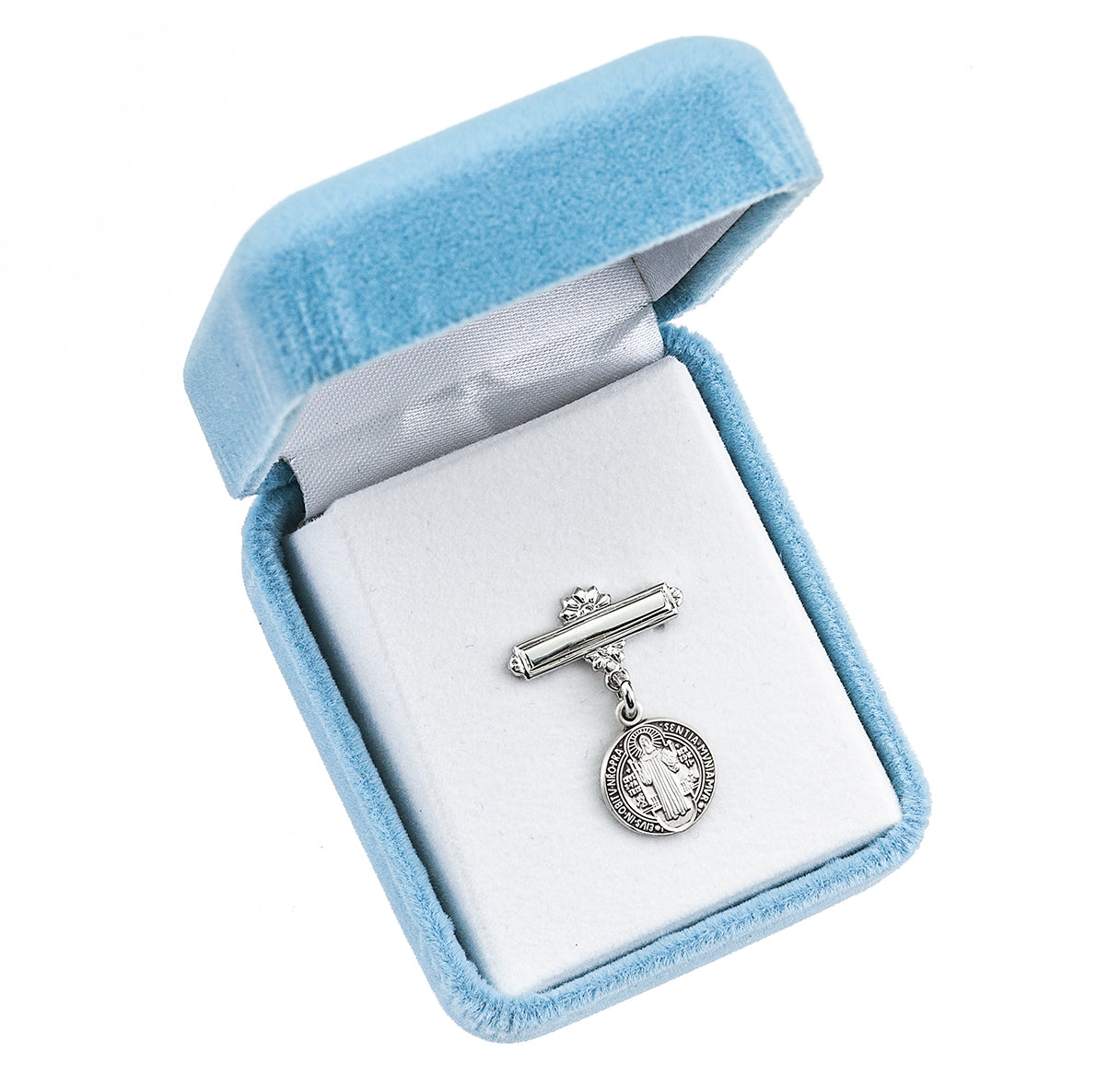 Sterling Silver Small St. Benedict Baby Medal w/Bar Pin-Bxd