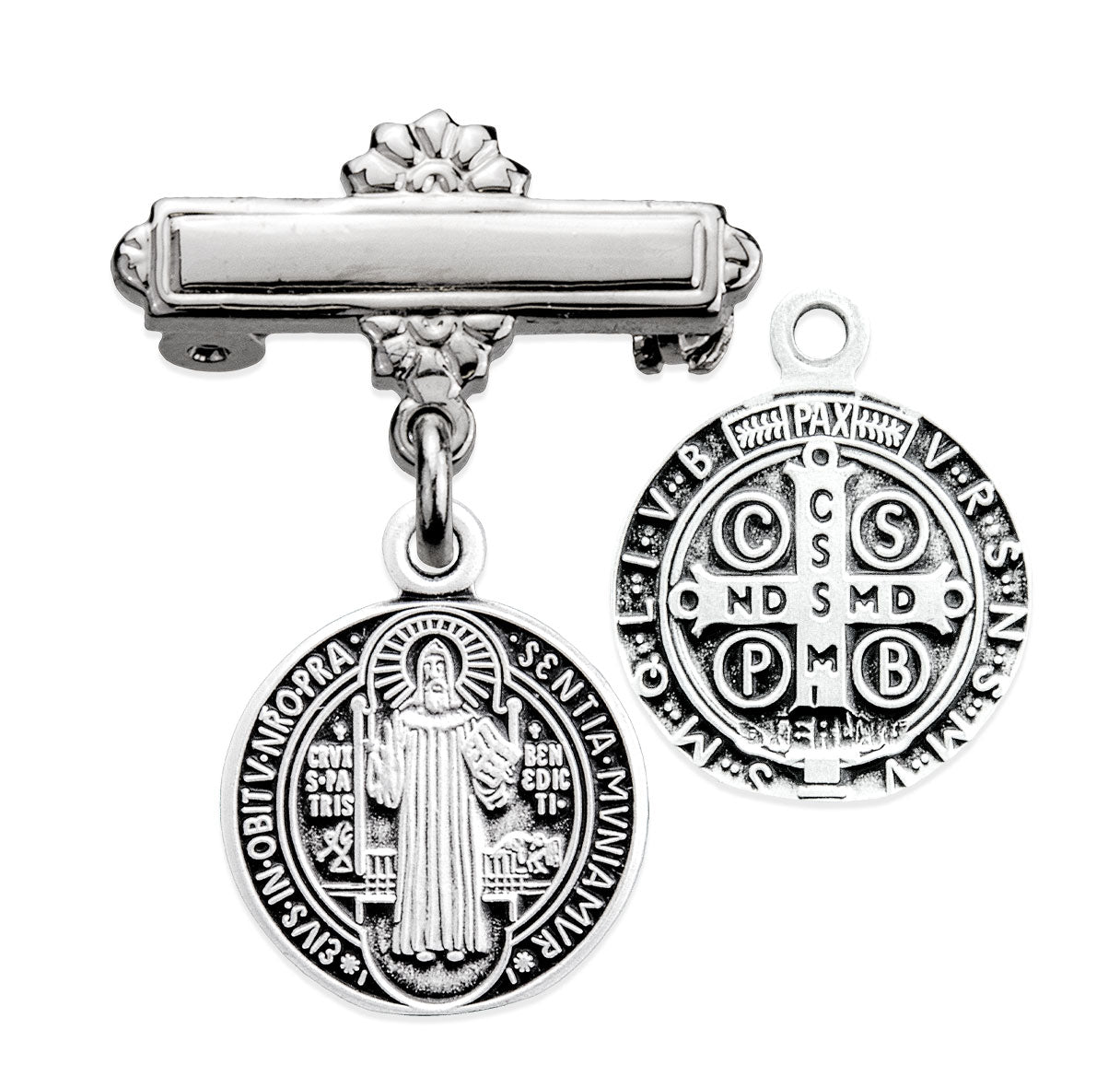 Sterling Silver Small St. Benedict Baby Medal w/Bar Pin-Bxd