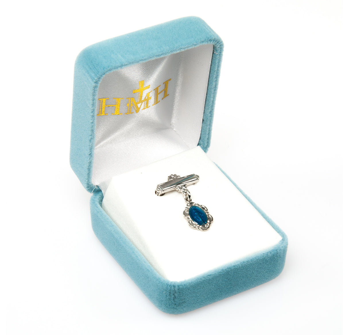 Sterling Silver Small Blue Miraculous Baby Medal w/Bar Pin-Bxd