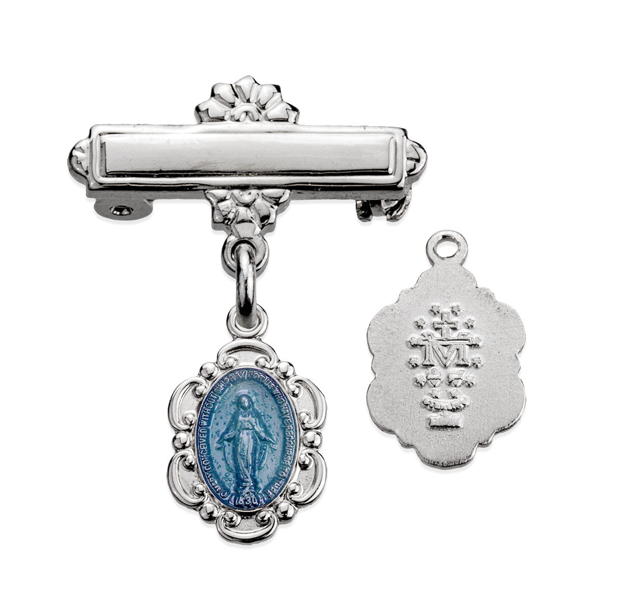 Sterling Silver Small Blue Miraculous Baby Medal w/Bar Pin-Bxd