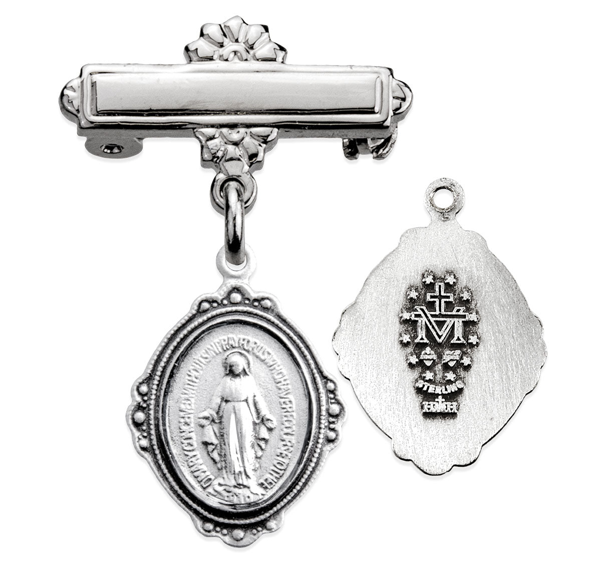 Sterling Silver Small Miraculous Baby Medal w/Bar Pin-Bxd