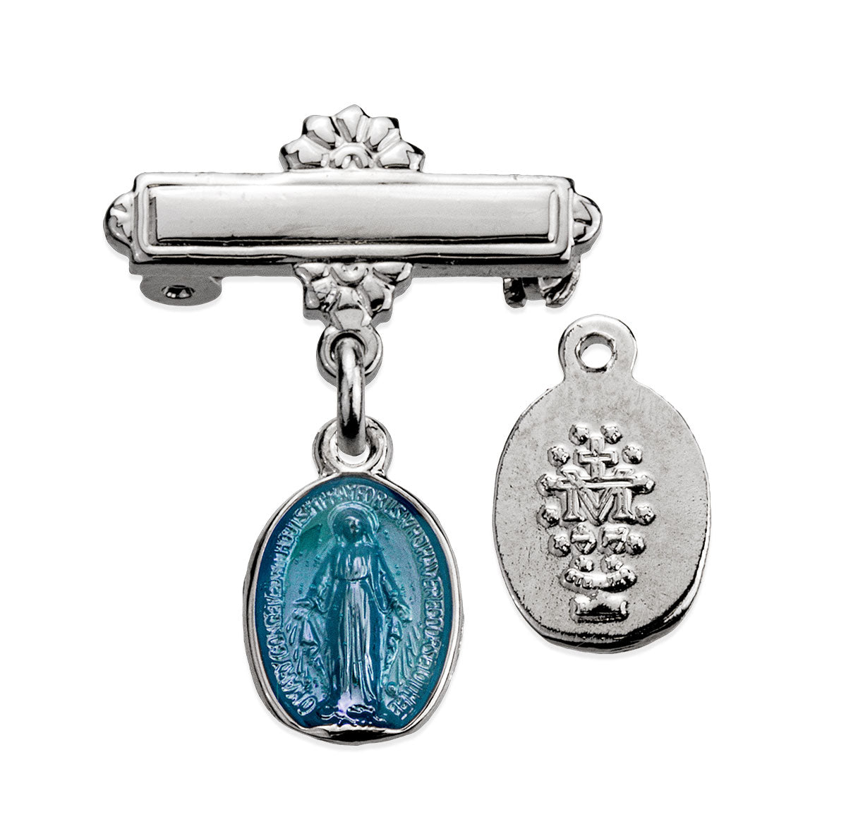 Sterling Silver Blue Tiny Miraculous Baby Medal w/Bar Pin-Bxd