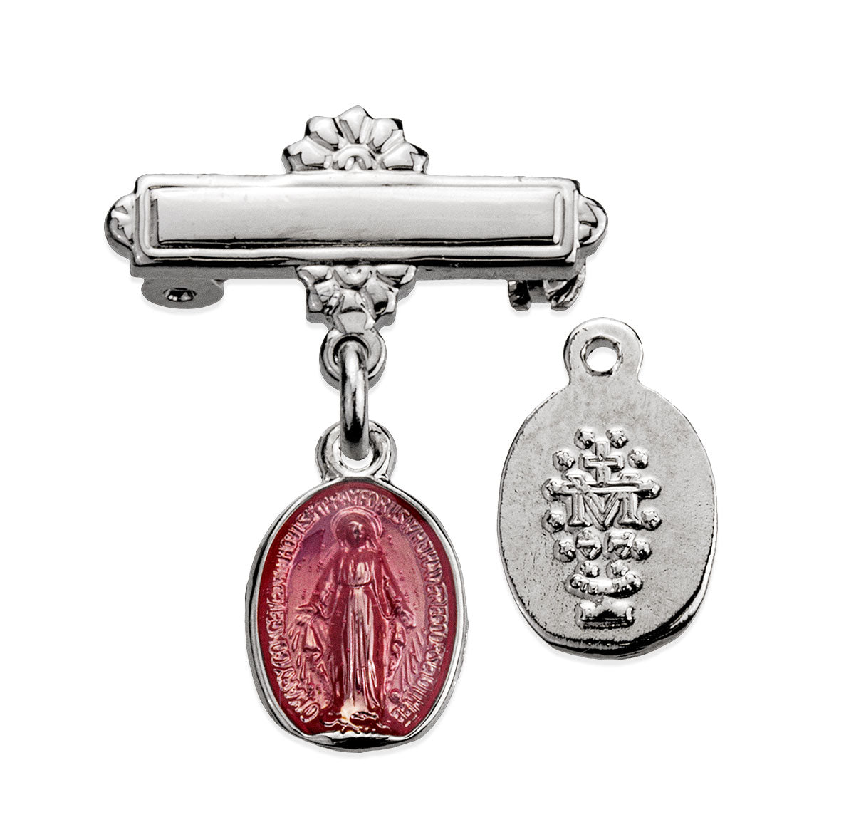 Sterling Silver Pink Tiny Miraculous Baby Medal w/Bar Pin-Bxd