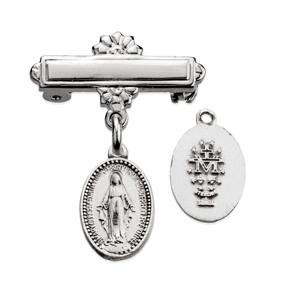 Sterling Silver Tiny Miraculous Baby Medal w/Bar Pin-Bxd