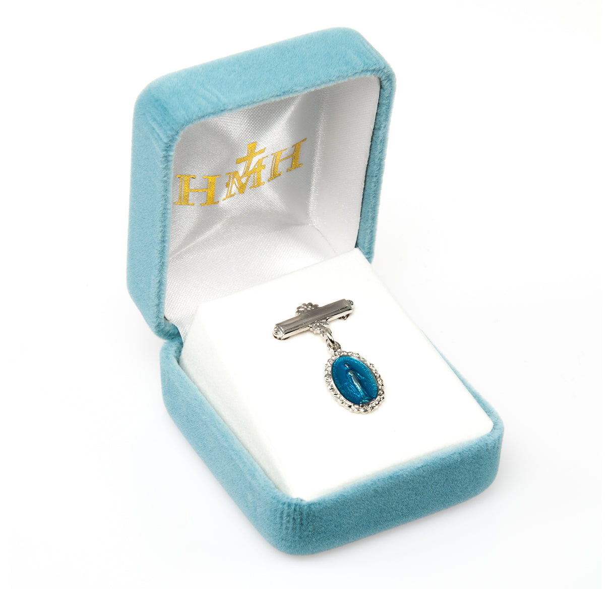 Sterling Silver Blue Small Miraculous medal w/Bar Pin-Bxd