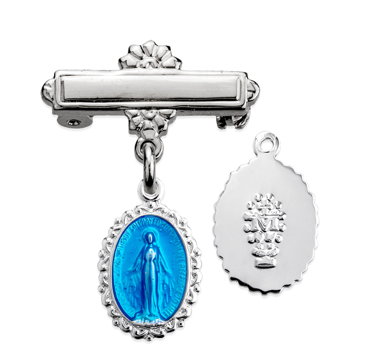 Sterling Silver Blue Small Miraculous medal w/Bar Pin-Bxd