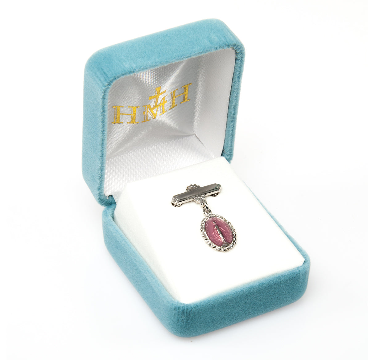 Sterling Silver Pink Small Miraculous medal w/Bar Pin-Bxd