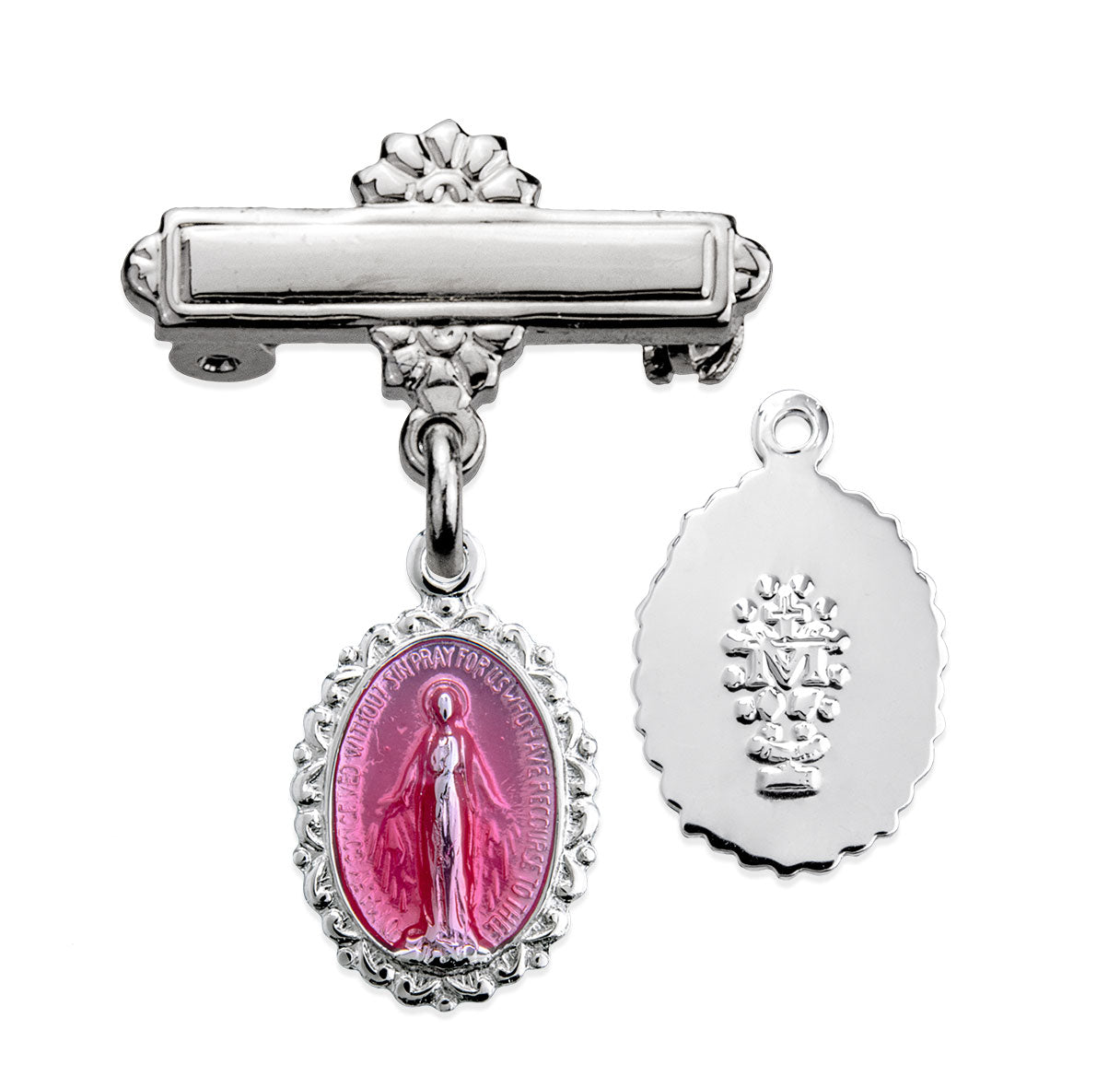 Sterling Silver Pink Small Miraculous medal w/Bar Pin-Bxd