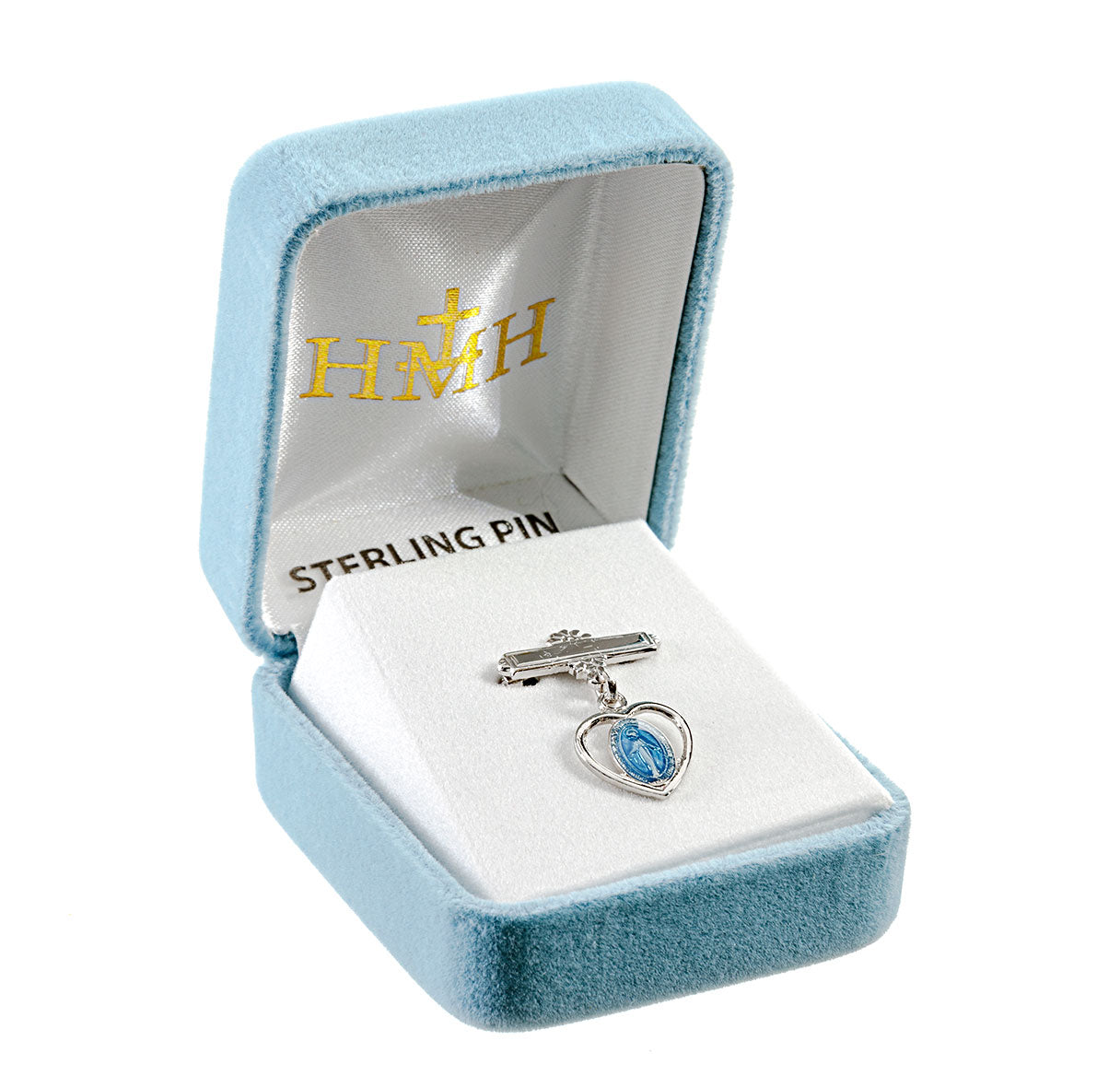 Sterling Silver Pierced Heart Miraculous w/Blue Epoxy w/Bar Pin-Bxd