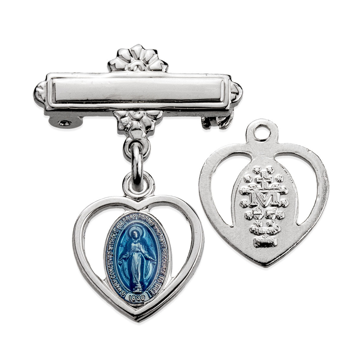 Sterling Silver Pierced Heart Miraculous w/Blue Epoxy w/Bar Pin-Bxd