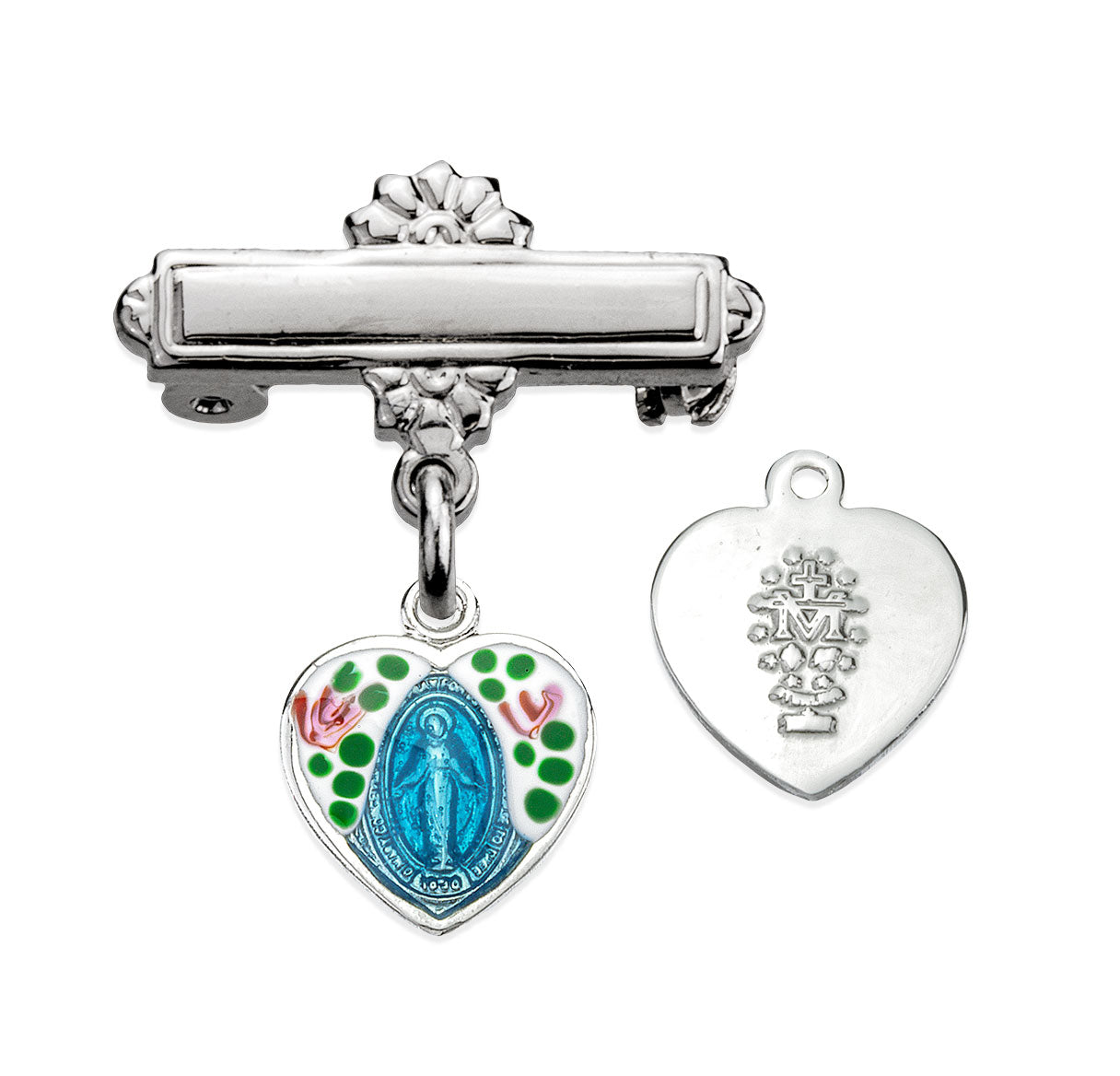 Sterling Silver Blue EpoxyHeart Shaped Miraculous w/Flowers, w/Bar Pin-Bxd