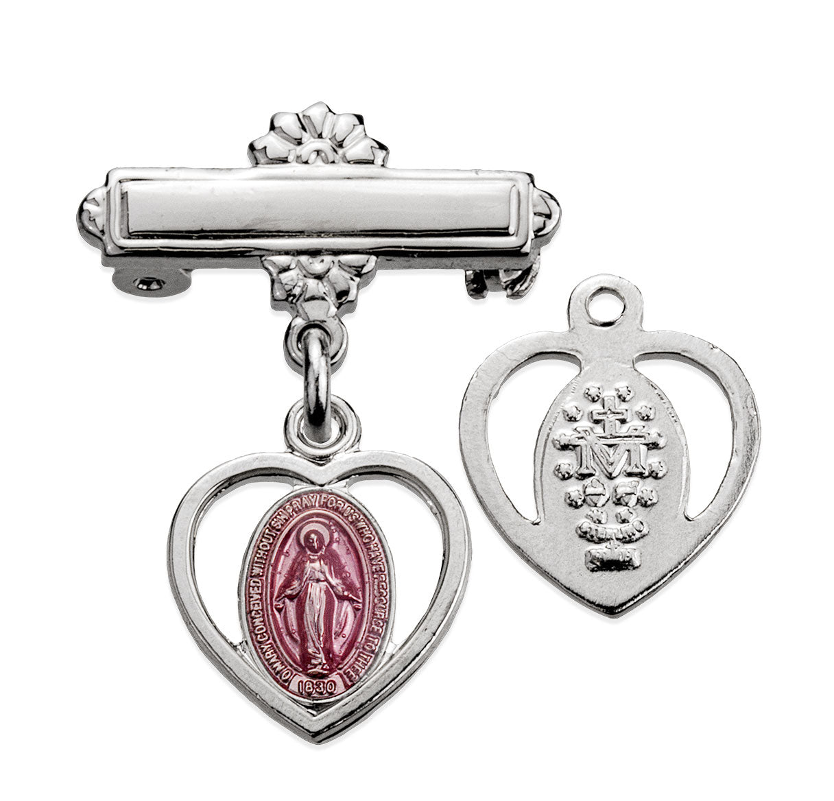 Sterling Silver Miraculous w/Pink Heart, w/Bar Pin-Bxd