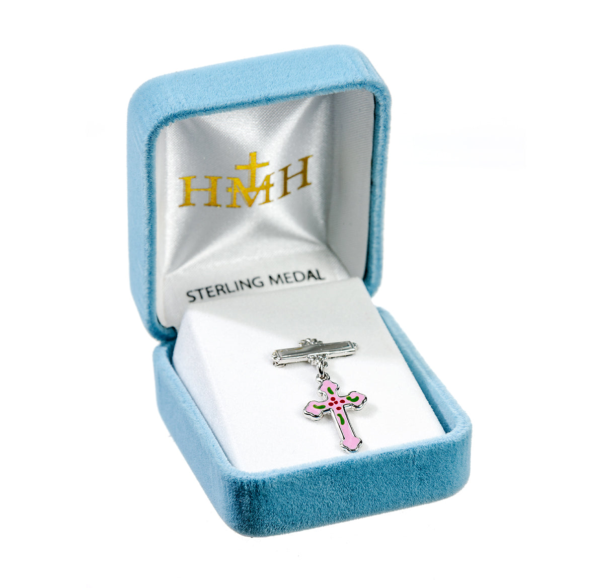 Sterling Silver Small Pink Epoxy Cross w/Bar Pin-Bxd